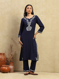 House of Chikankari Women Navy Blue Rayon Chikankari Embroidered Kurta Set