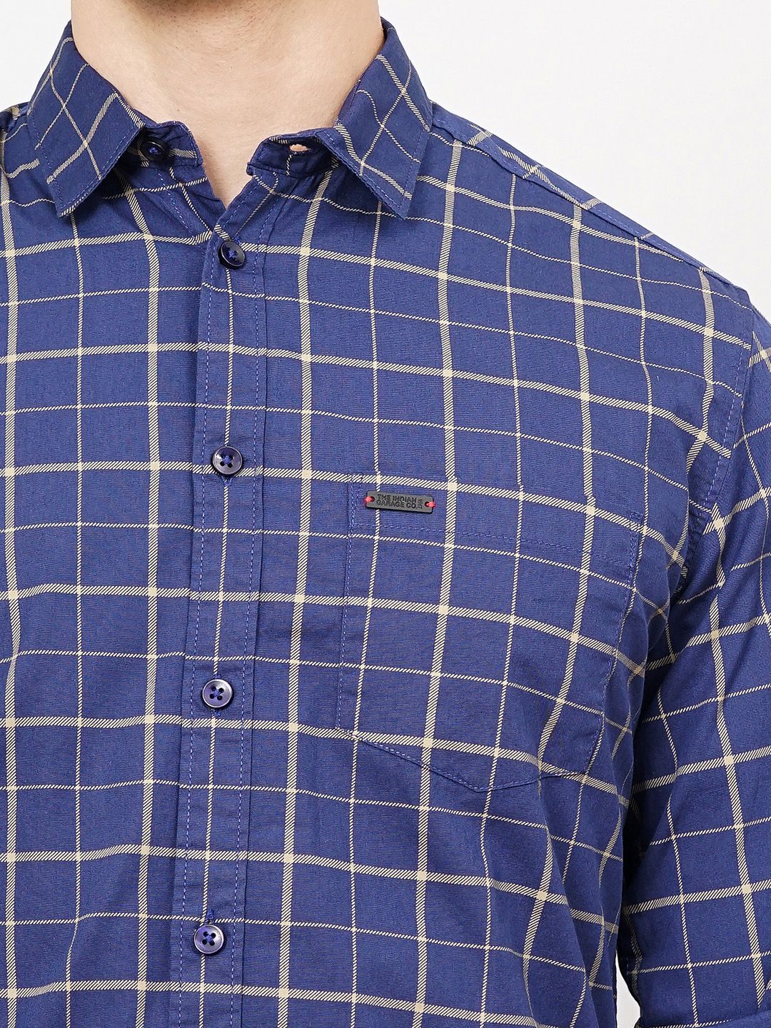 The Indian Garage Co Men Navy Blue & Grey Slim Fit Checked Casual Shirt