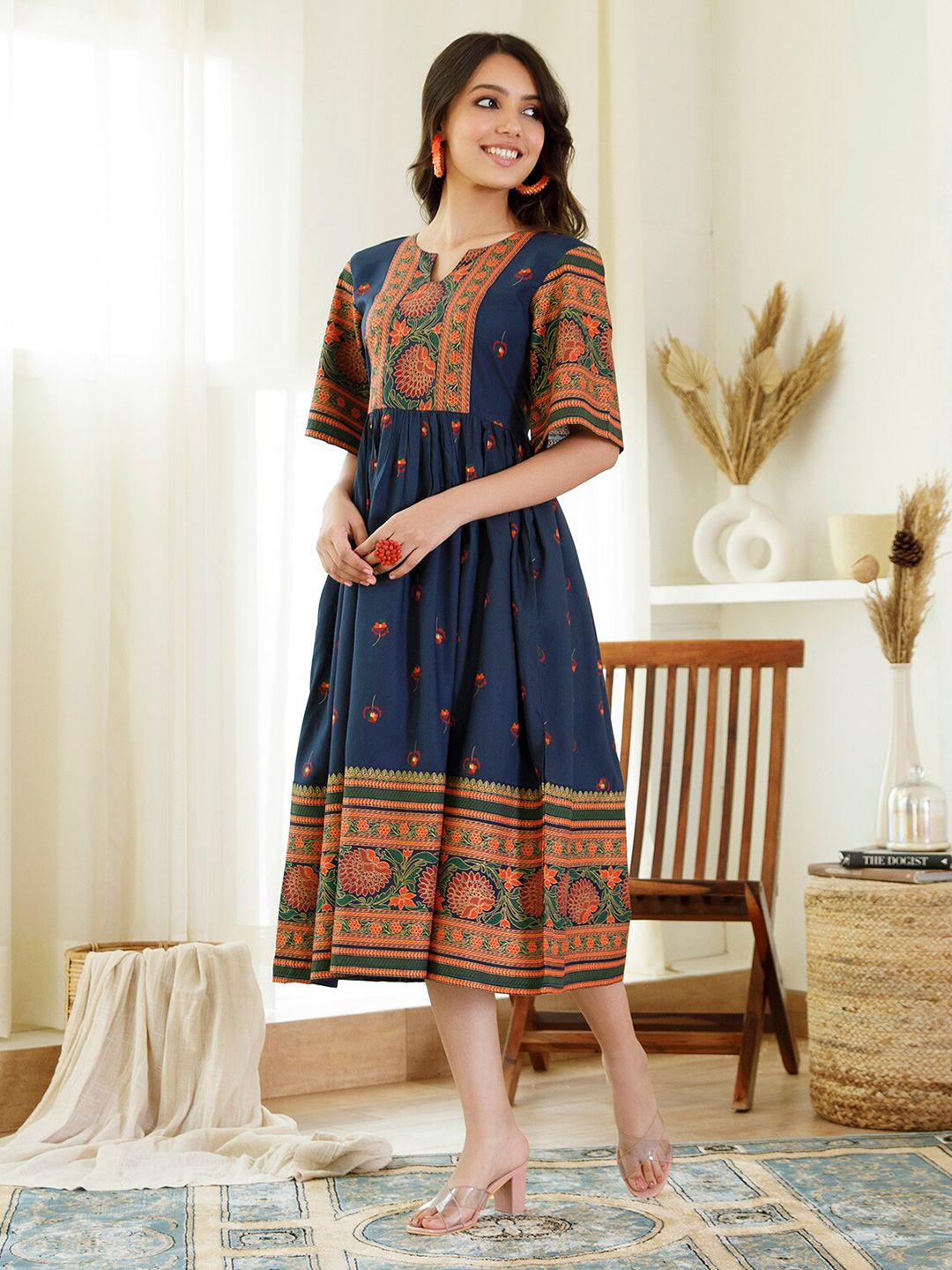 Rustorange Floral Printed Midi Pure Rayon Dress