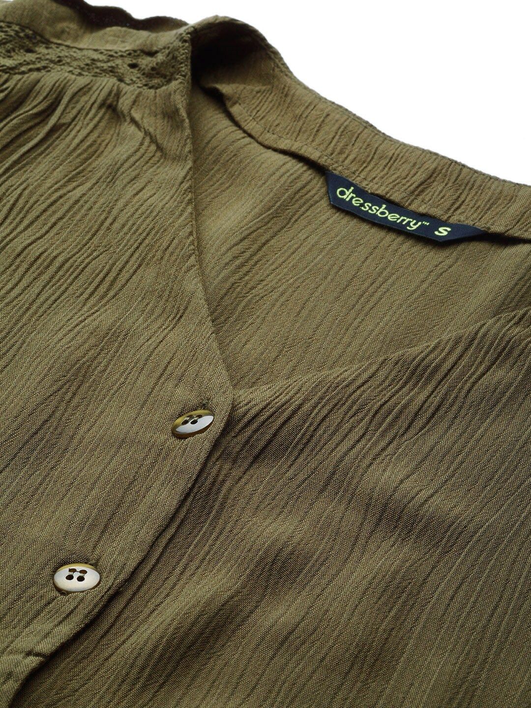 DressBerry Women Olive Green Crinkled Solid Top