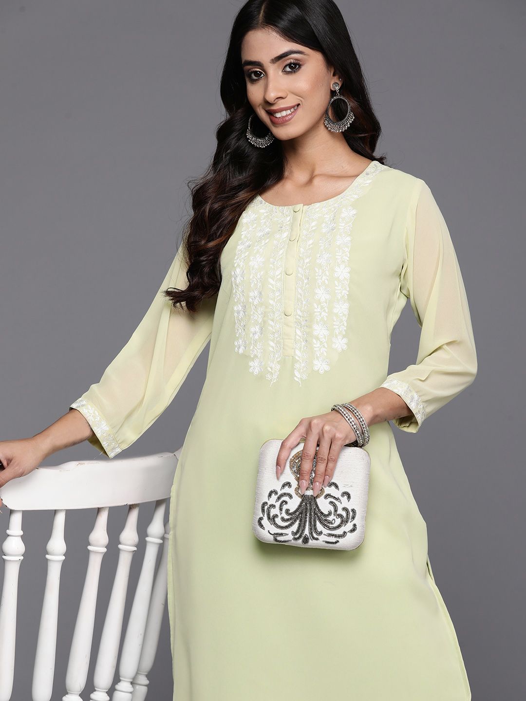 Libas Floral Embroidered Thread Work Pastel Pure Georgette Kurta