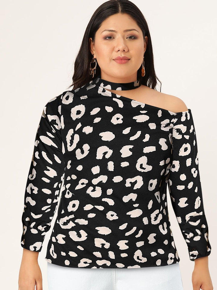 Berrylush Deep Black Animal Printed New Neckline Top