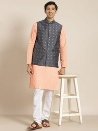 SOJANYA Men Peach-Coloured Ethnic Motifs Pure Cotton Kurta with Churidar & Nehru Jacket