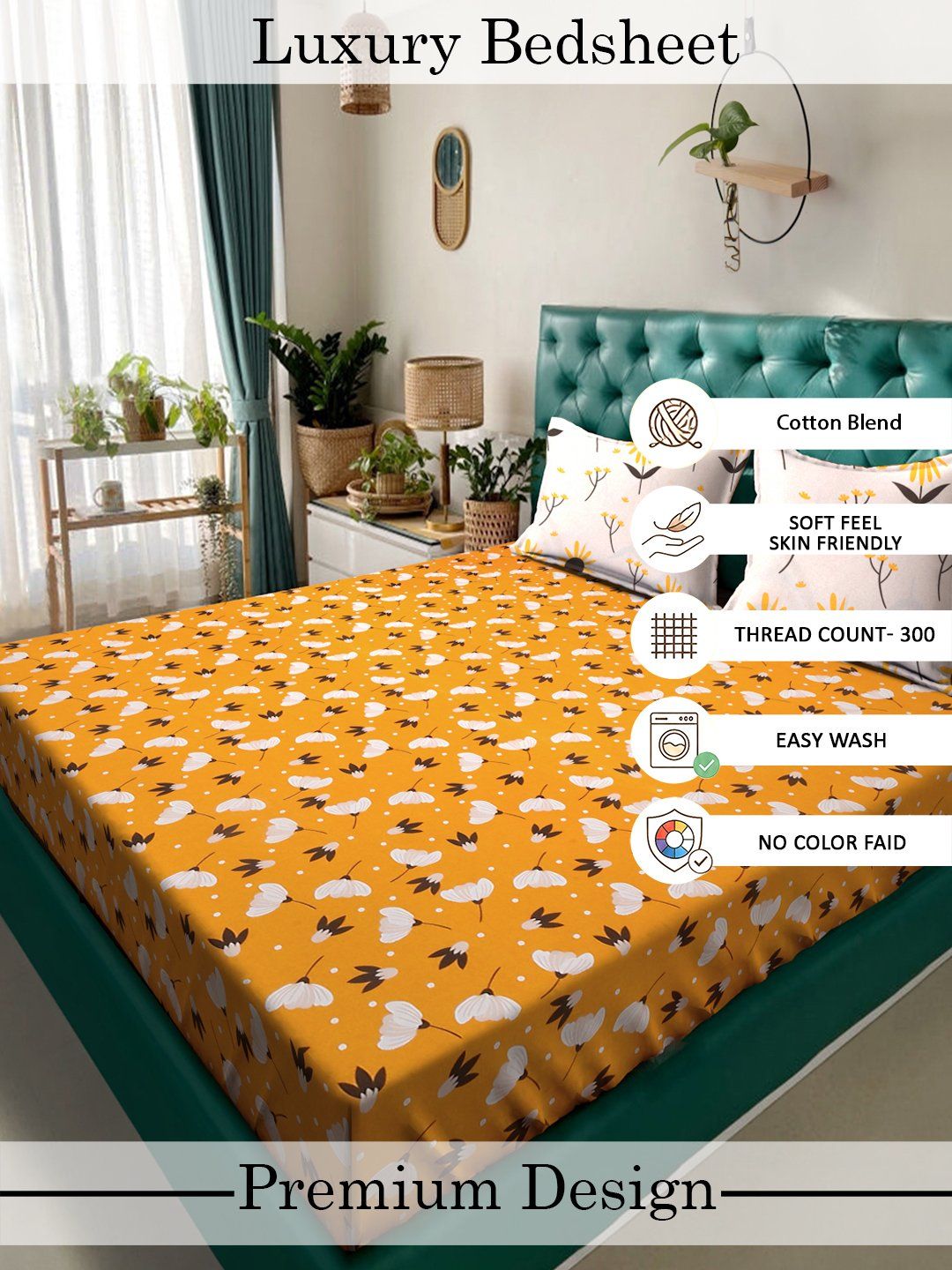 Myntra Elegant Homes Yellow & White Floral 300 TC King Bedsheet with 2 Pillow Covers