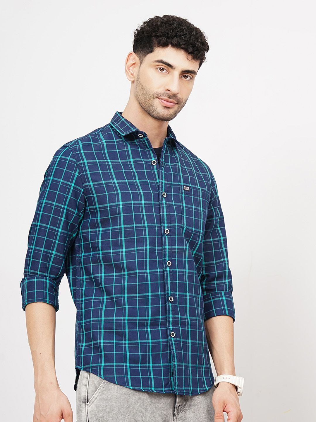 The Indian Garage Co Men Navy Blue & Green Slim Fit Checked Casual Shirt
