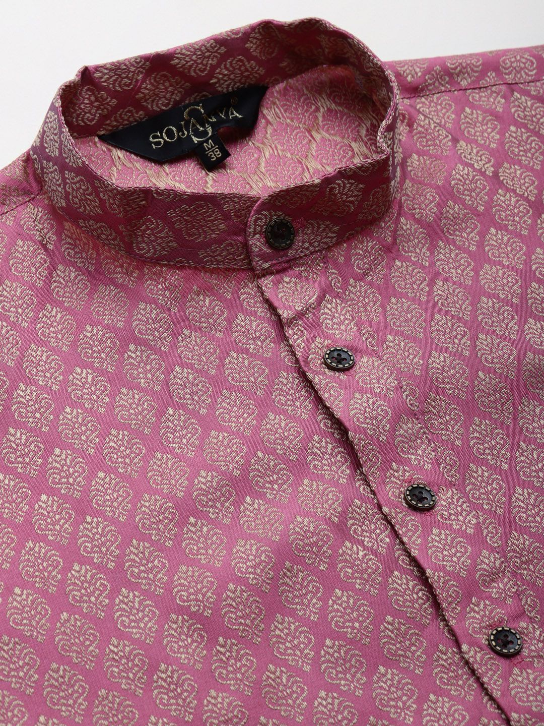 SOJANYA Kurta Motif Etnik Merah Jambu & Emas Lelaki dengan Jaket Churidar & Nehru