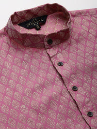 SOJANYA Men Pink & Golden Ethnic Motifs Kurta with Churidar & Nehru Jacket