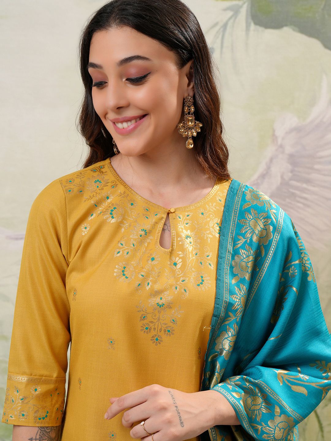 Vishudh Yellow Floral Printed Regular Kurta with Palazzo & Dupatta