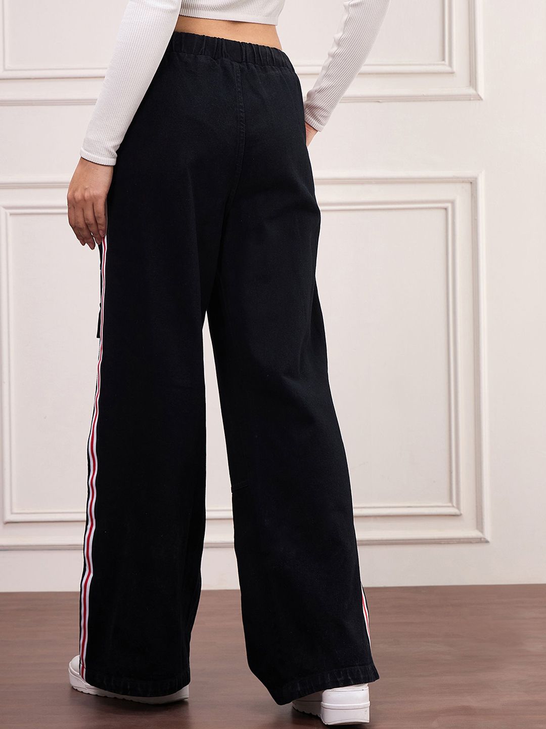 SASSAFRAS Women Cotton Comfort Wide Leg High-Rise with Side Stripe Jeans