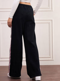 SASSAFRAS Women Cotton Comfort Wide Leg High-Rise with Side Stripe Jeans