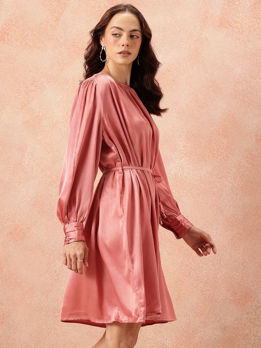 all about you Gathered Detail Bishop Sleeves Party Satin A-Line Dress with Belt