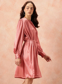 all about you Gathered Detail Bishop Sleeves Party Satin A-Line Dress with Belt