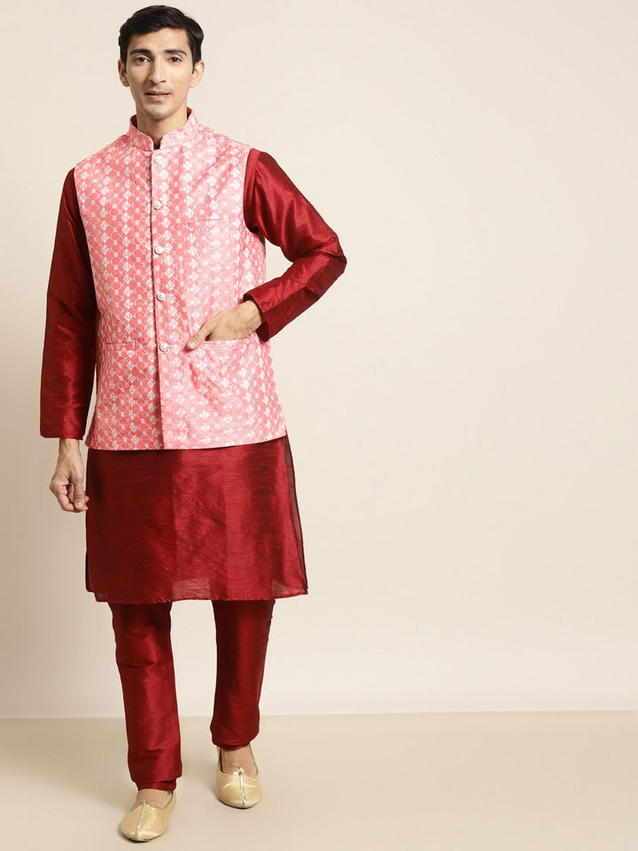 SOJANYA Kurta Lelaki Maroon & Pink dengan Piyama & Jaket Nehru Bersulam
