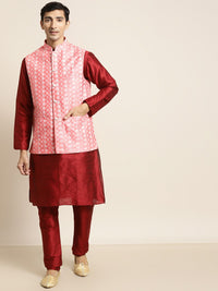 SOJANYA Men Maroon & Pink Kurta with Pyjamas & Embroidered Nehru Jacket