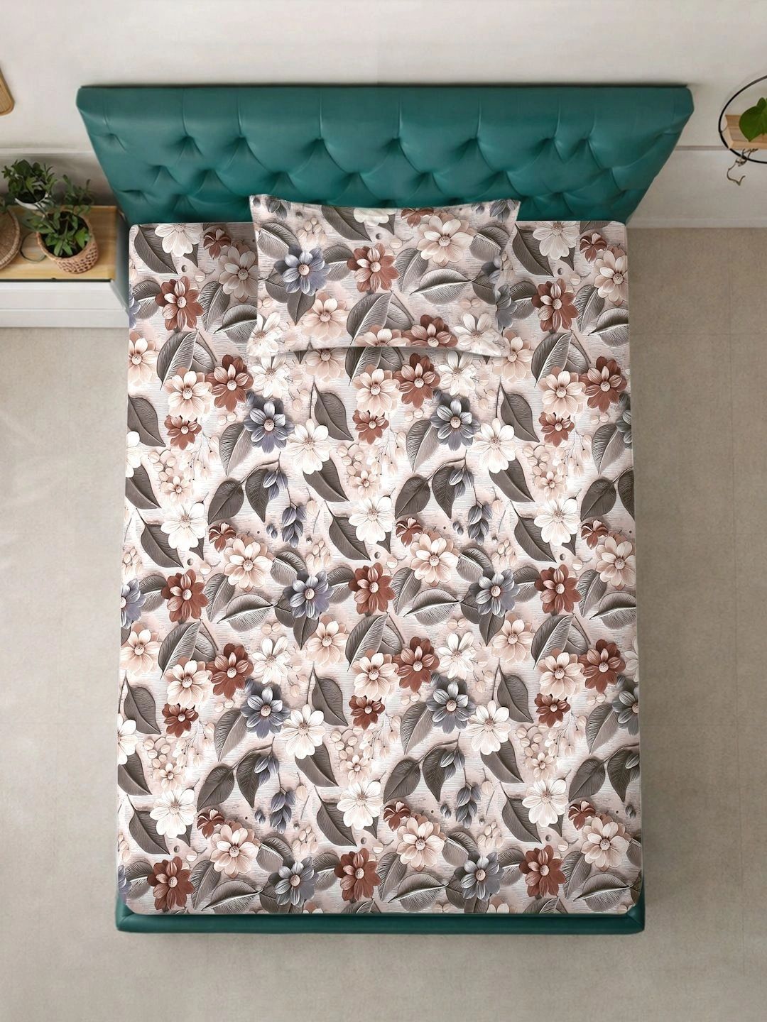Moda Rapido X KLOTTHE Beige & Brown Floral 300 TC Single Bedsheet with 1 Pillow Covers