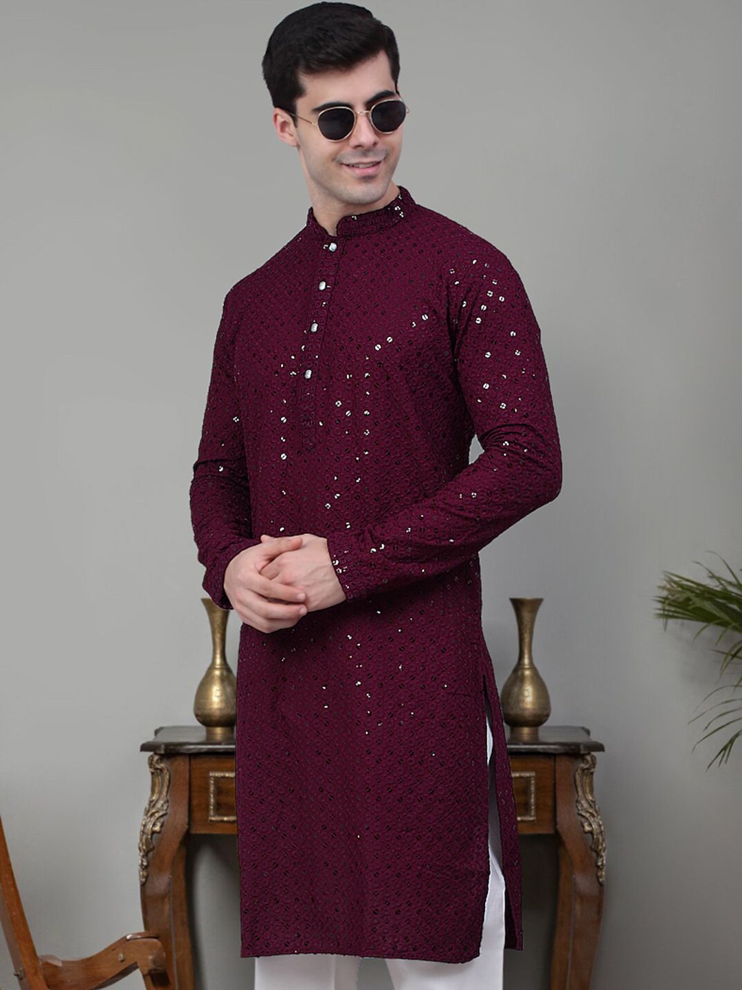 Jompers Embroidered Mandarin Collar Pure Cotton Chikankari Kurta