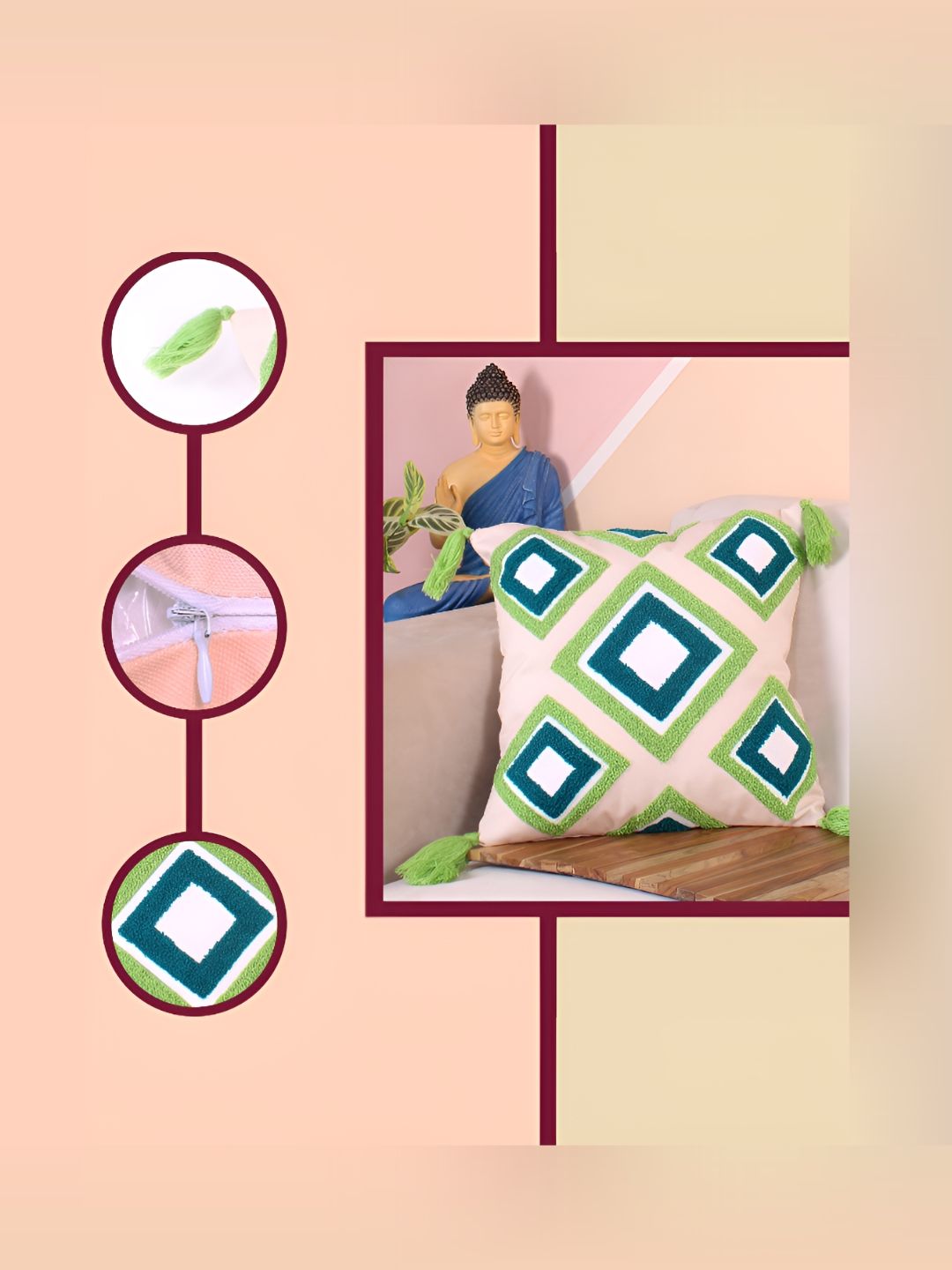 STITCHNEST Peach-Coloured & Green Embroidered Square Cushion Cover