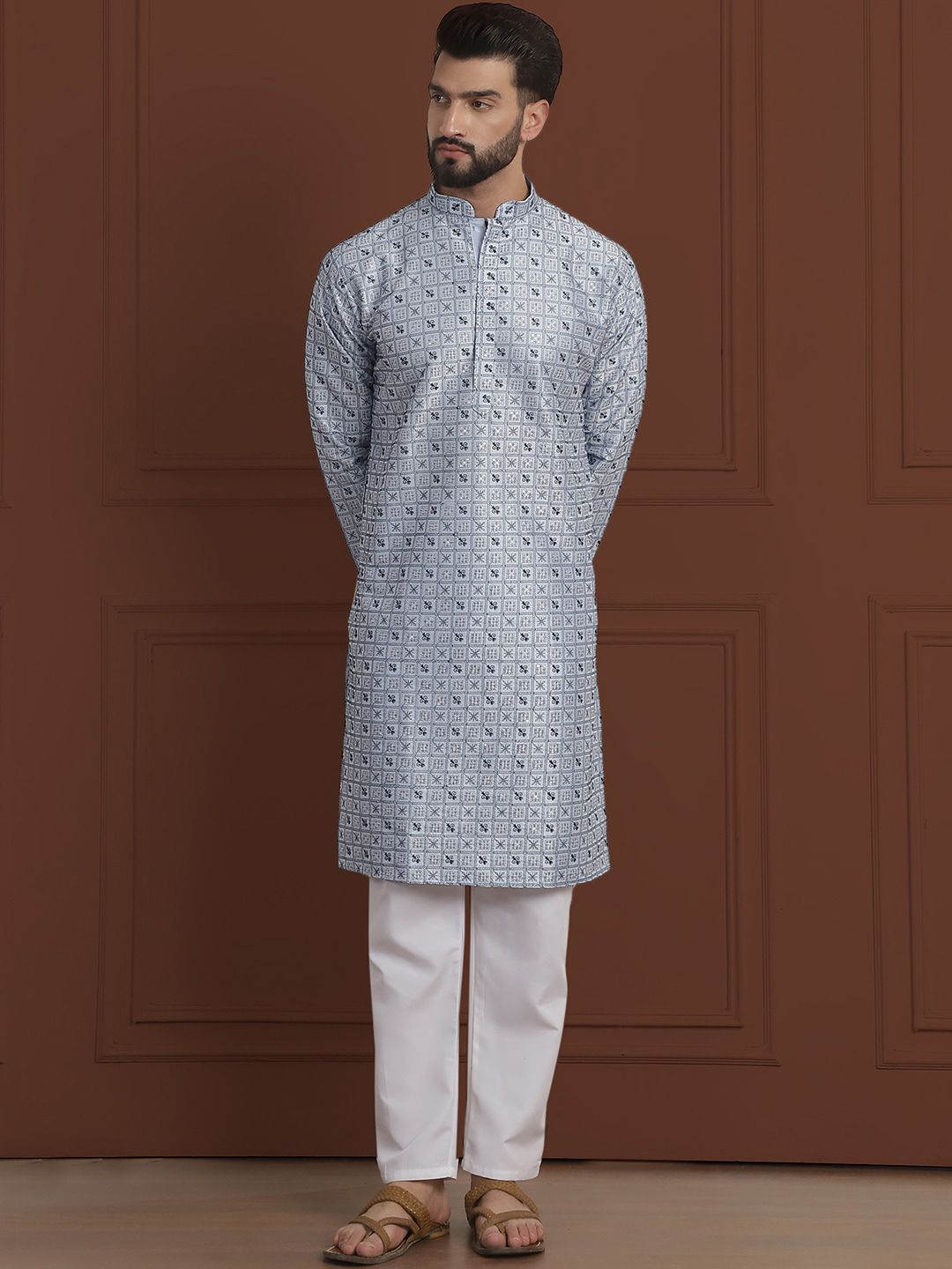 SOJANYA LUXE Ethnic Motifs Embroidered Mandarin Collar Straight Kurta With Pyjama