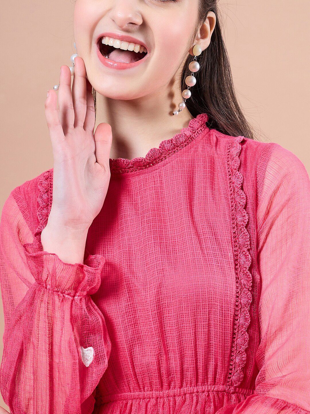 pspeaches Girls Round Neck Puff Sleeves Fit & Flare Midi Dress