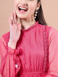 pspeaches Girls Round Neck Puff Sleeves Fit & Flare Midi Dress
