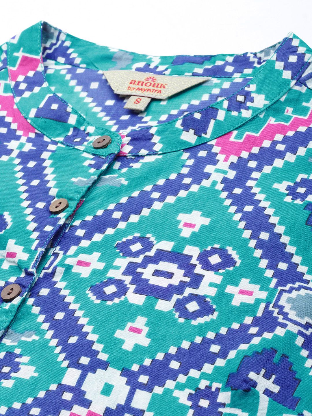 Anouk Women Geometric Print Band Collar Pure Cotton Straight Kurta