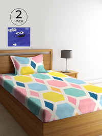 KLOTTHE White & Pink Geometric 210 TC Polycotton 2 Single Bedsheet with 2 Pillow Covers