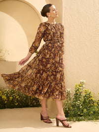 Antheaa Floral Printed Tiered Fit and Flare Midi Dress
