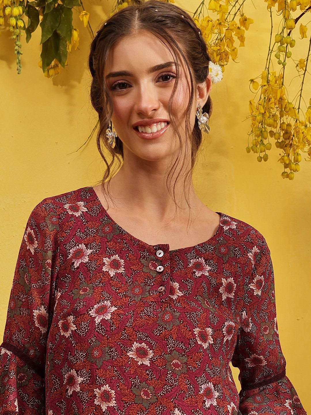 QUIERO Women Floral Printed Bell Sleeves A-Line Top