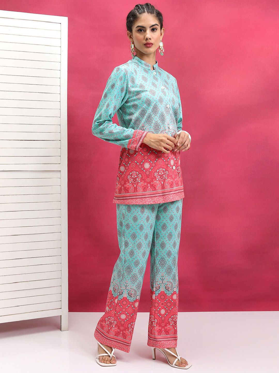Vishudh Turquoise Blue Printed Mandarin Collar Shirt With Trouser
