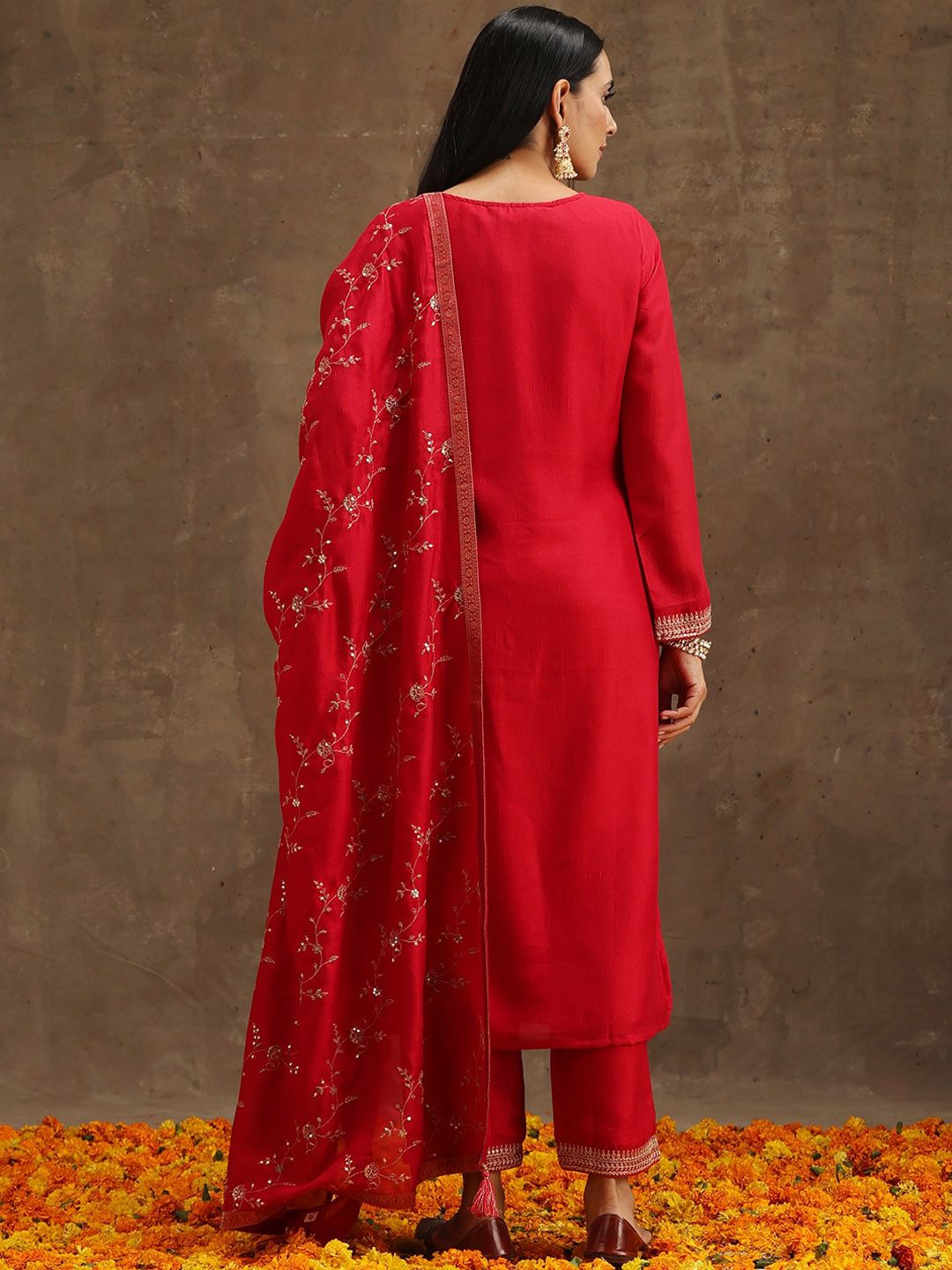Libas Red & Gold-Toned Ethnic Motifs Embroidered Sequined Kurta with Trousers & Dupatta