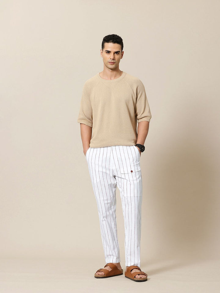 Mr Bowerbird Men Cotton Flax Liberal Fit Striped Trousers