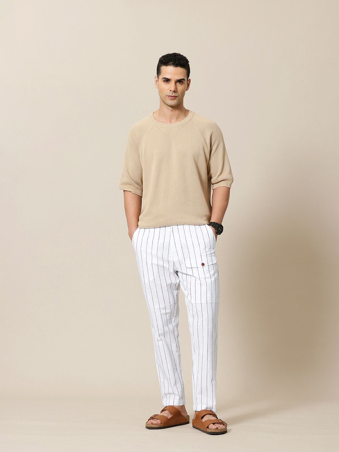 Mr Bowerbird Men Cotton Flax Liberal Fit Striped Trousers