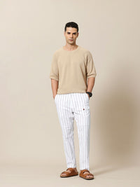 Mr Bowerbird Men Cotton Flax Liberal Fit Striped Trousers