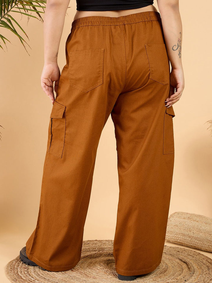 CURVY STREET Women Plus Size Loose Fit Pure Cotton Wide Leg Cargo Trouser