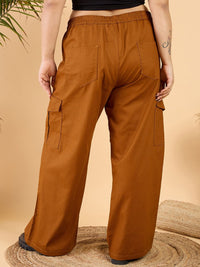 CURVY STREET Women Plus Size Loose Fit Pure Cotton Wide Leg Cargo Trouser