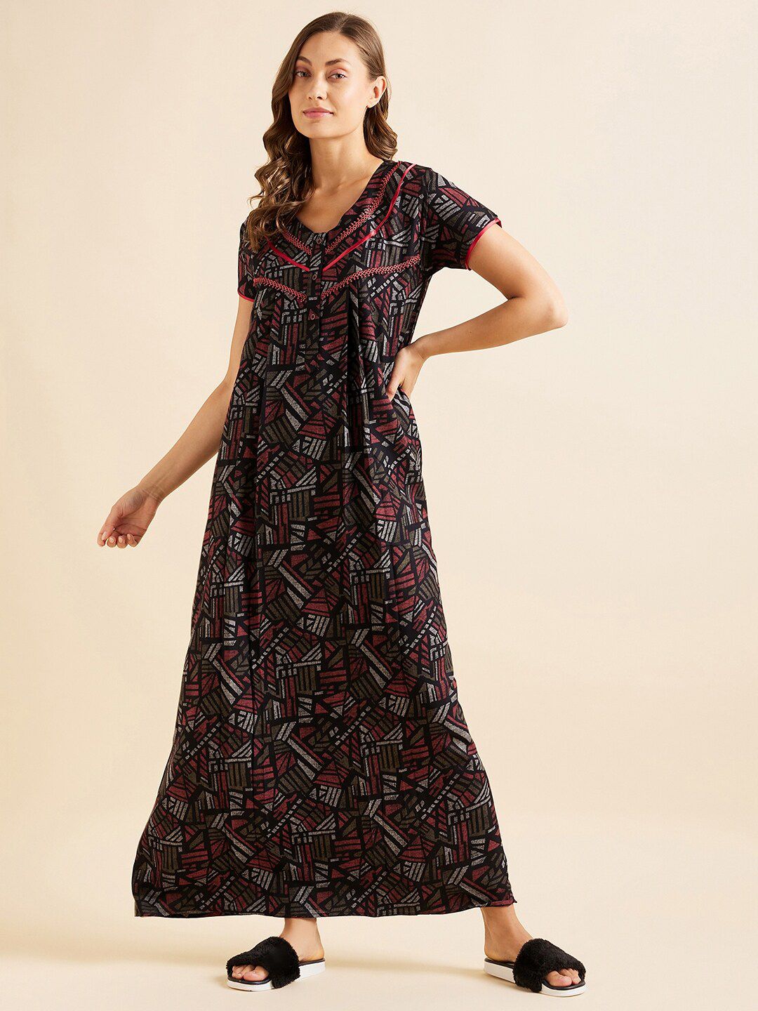 Sweet Dreams Red Geometric Printed Pure Cotton Maxi Nightdress
