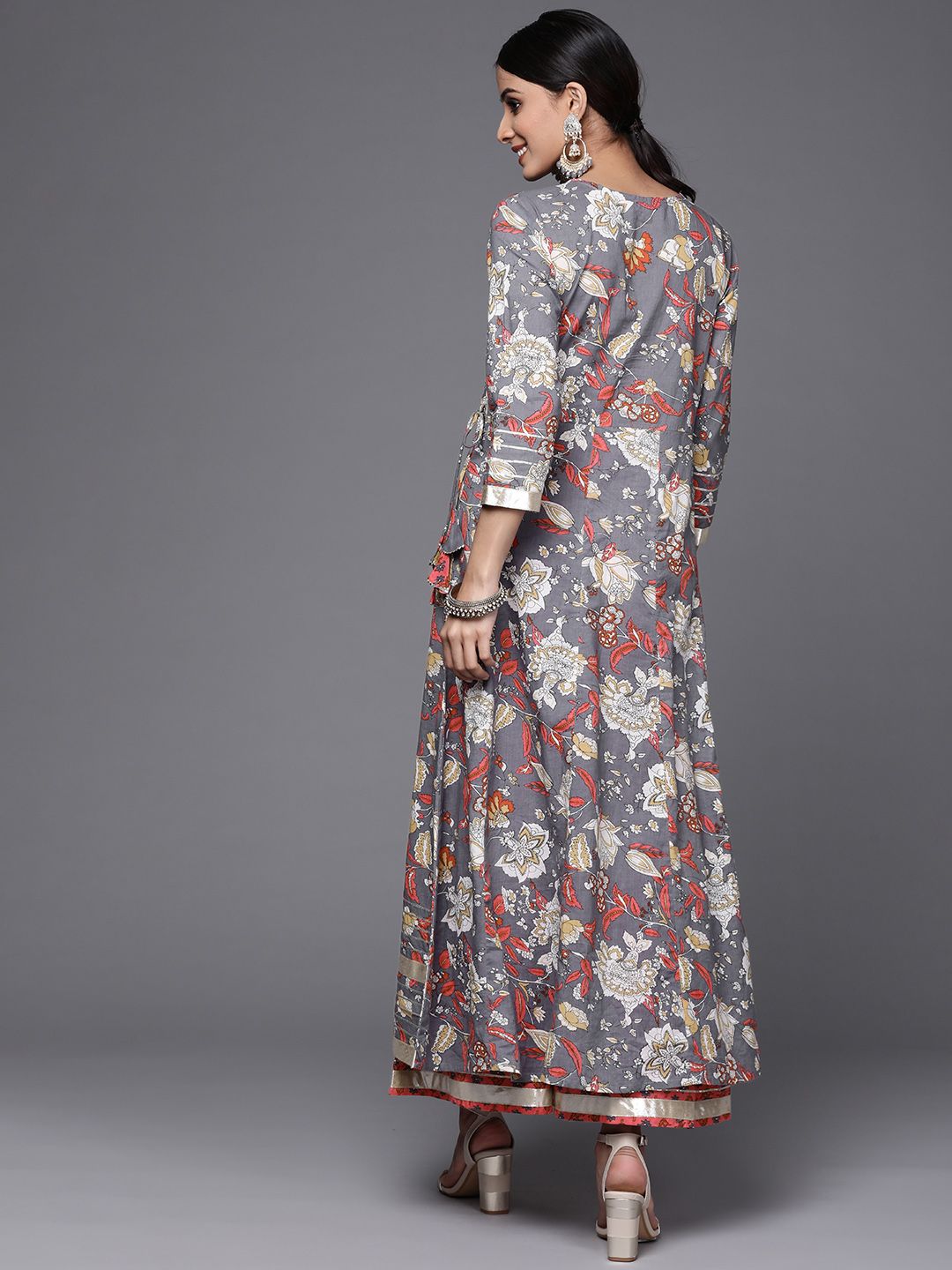 Varanga Women Grey & Pink Floral Print Angrakha Gotta Patti Pure Cotton Kurta with Sharara