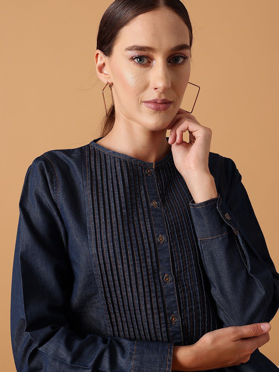 STREET 9 Pleated Round Neck Pure Cotton Denim Regular Top