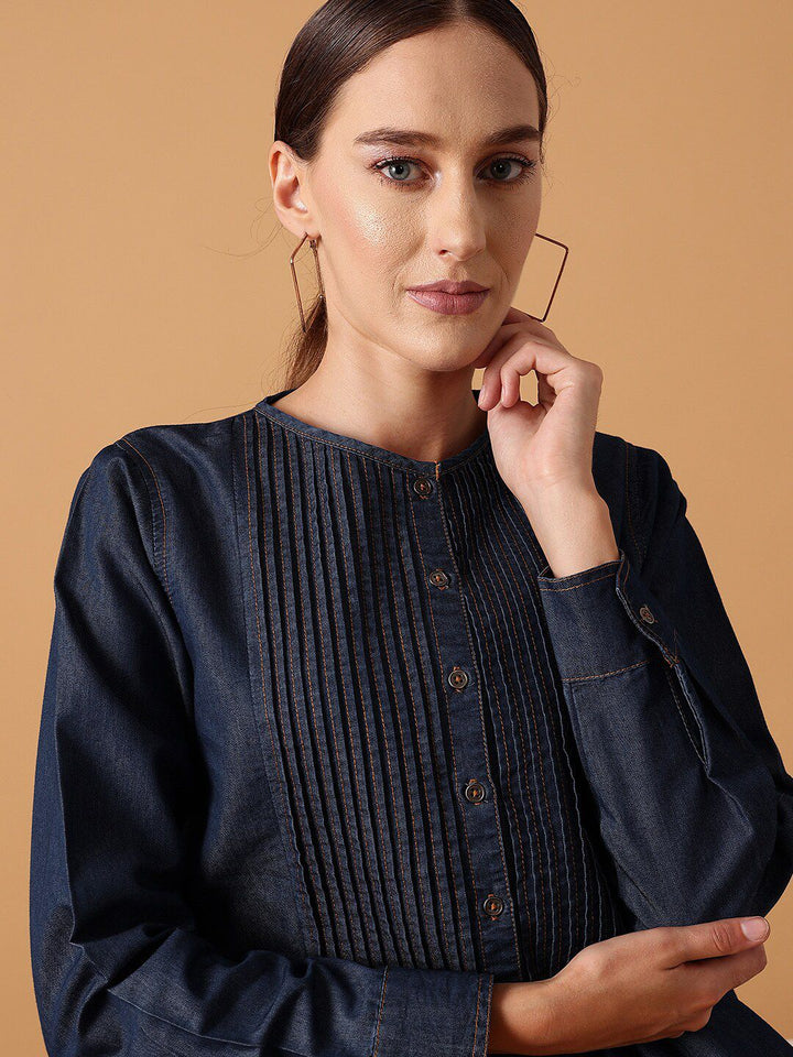 STREET 9 Pleated Round Neck Pure Cotton Denim Regular Top