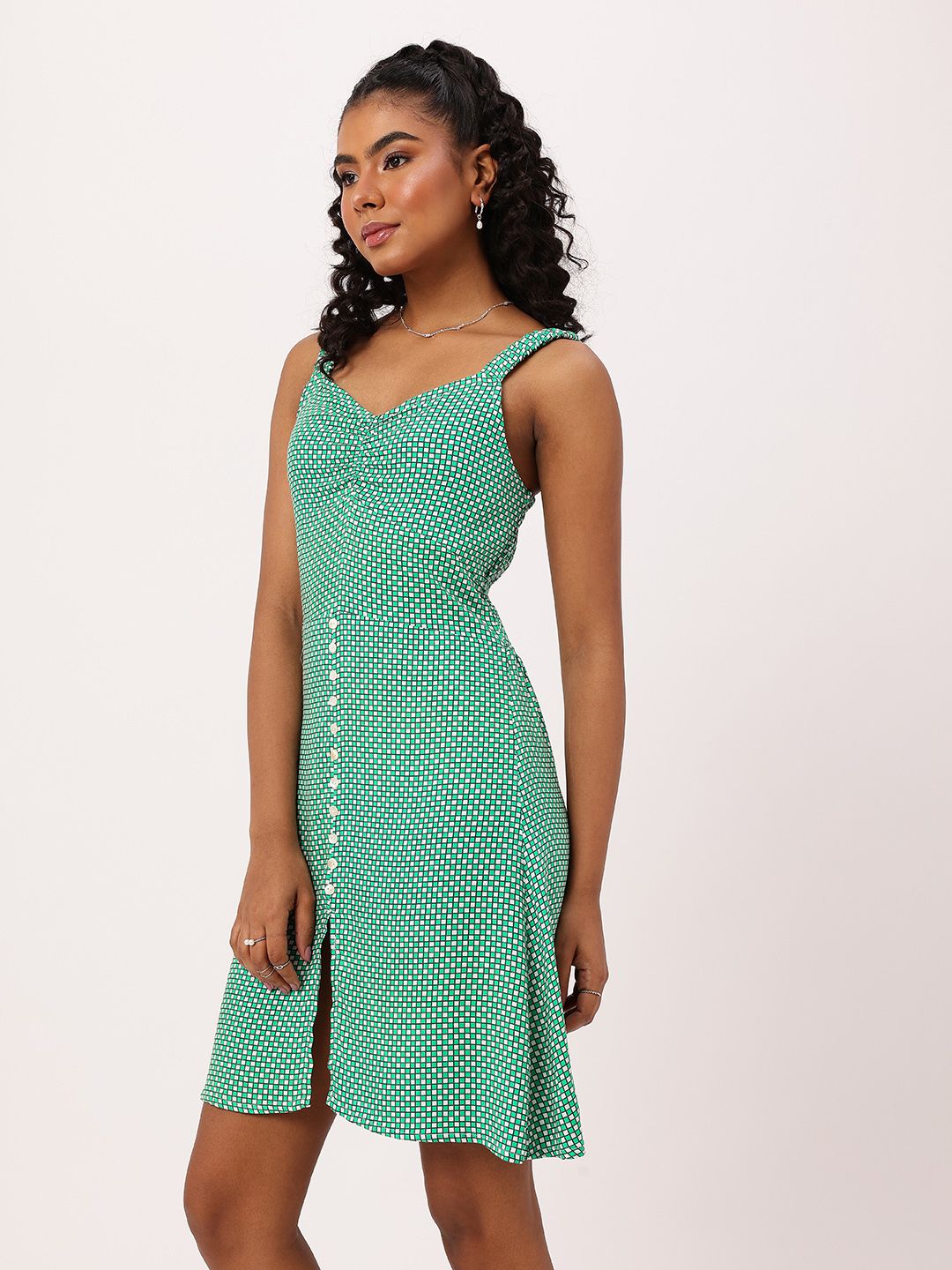 DressBerry Boho Vibes Shoulder Straps Front Slit Smocked A-Line Dress