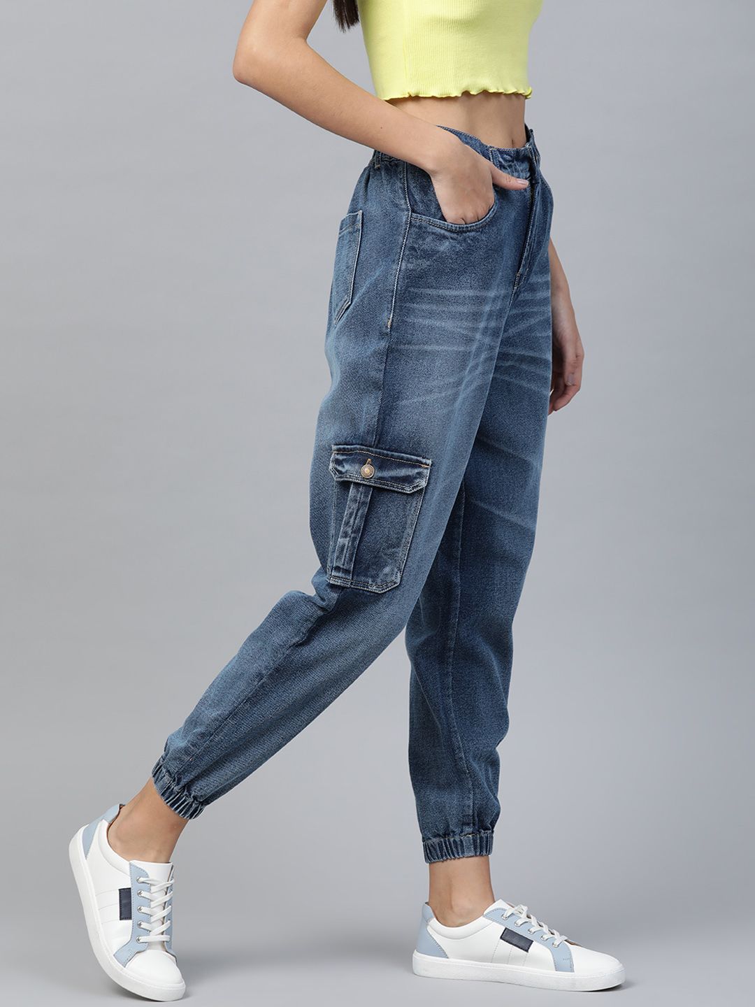 SASSAFRAS Women Blue Pure Cotton Jogger High-Rise Non-Stretchable Clean Look Jeans