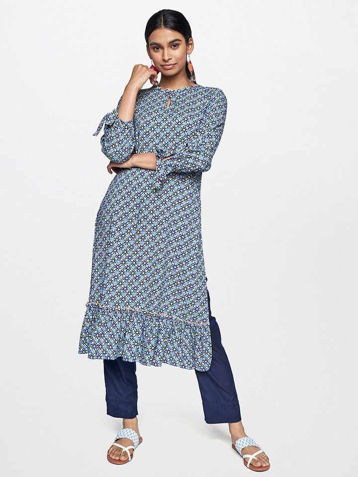 Global Desi Women Blue & Yellow Printed Keyhole Neck Kurta
