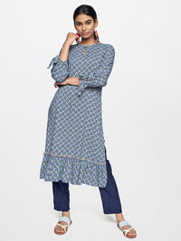 Global Desi Women Blue & Yellow Printed Keyhole Neck Kurta