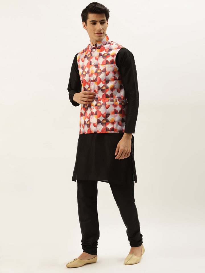 SOJANYA Men Black Kurta with Churidar & Nehru Jacket