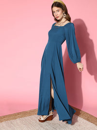 Berrylush Women Stunning Blue Solid Peekaboo Bottom Dress