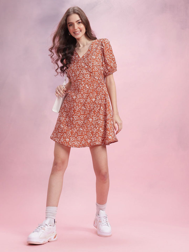 DressBerry Printed Puff Sleeve A-Line Dress