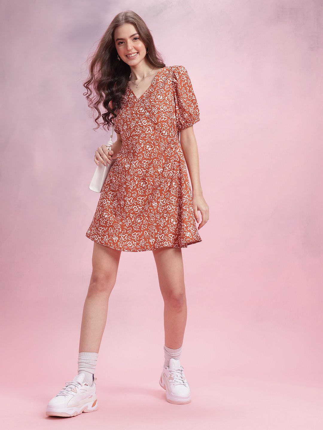 DressBerry Printed Puff Sleeve A-Line Dress