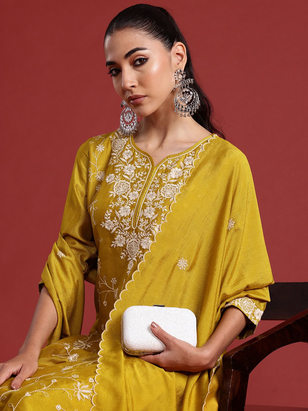 Indo Era Floral Embroidered Sequinned Kurta With Trousers & Dupatta