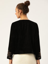 Antheaa Women Black Embroidered Velvet Finish Open Front Jacket