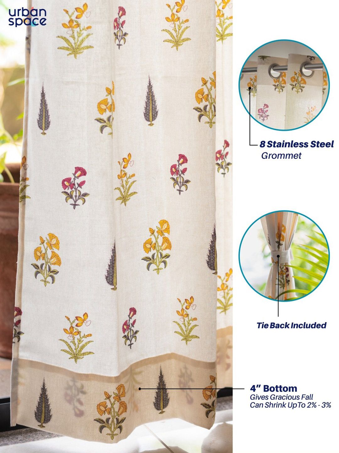 URBAN SPACE Cream-Colored & Yellow 2-Pieces Floral Cotton Long Door Curtains